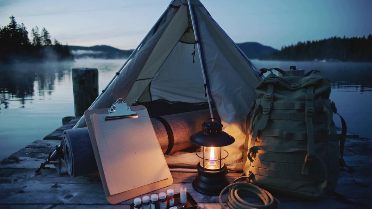 Pulling camera revealing tent on pier at twilight, lantern glowing, showing pack, vials, misty lake