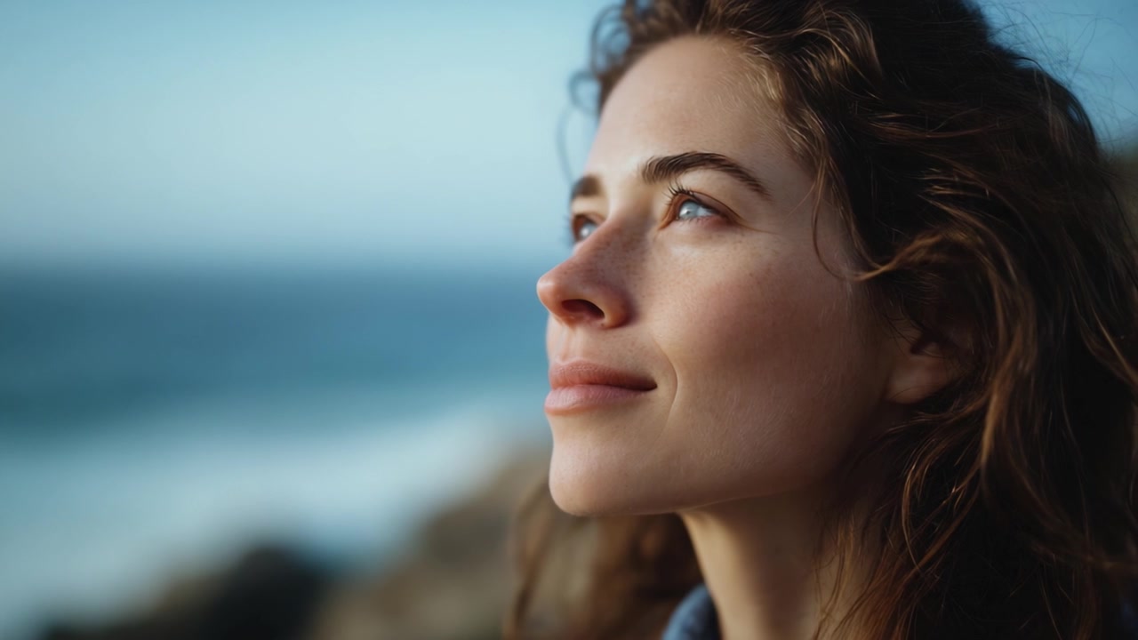 Donna contemplativa che osserva il paesaggio oceanico, catturando serenità e pace in un bellissimo ambiente naturale, evocando un senso di riflessione e calma.