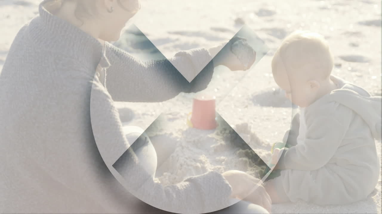Parent and child playing in sand with abstract circular animation overlay