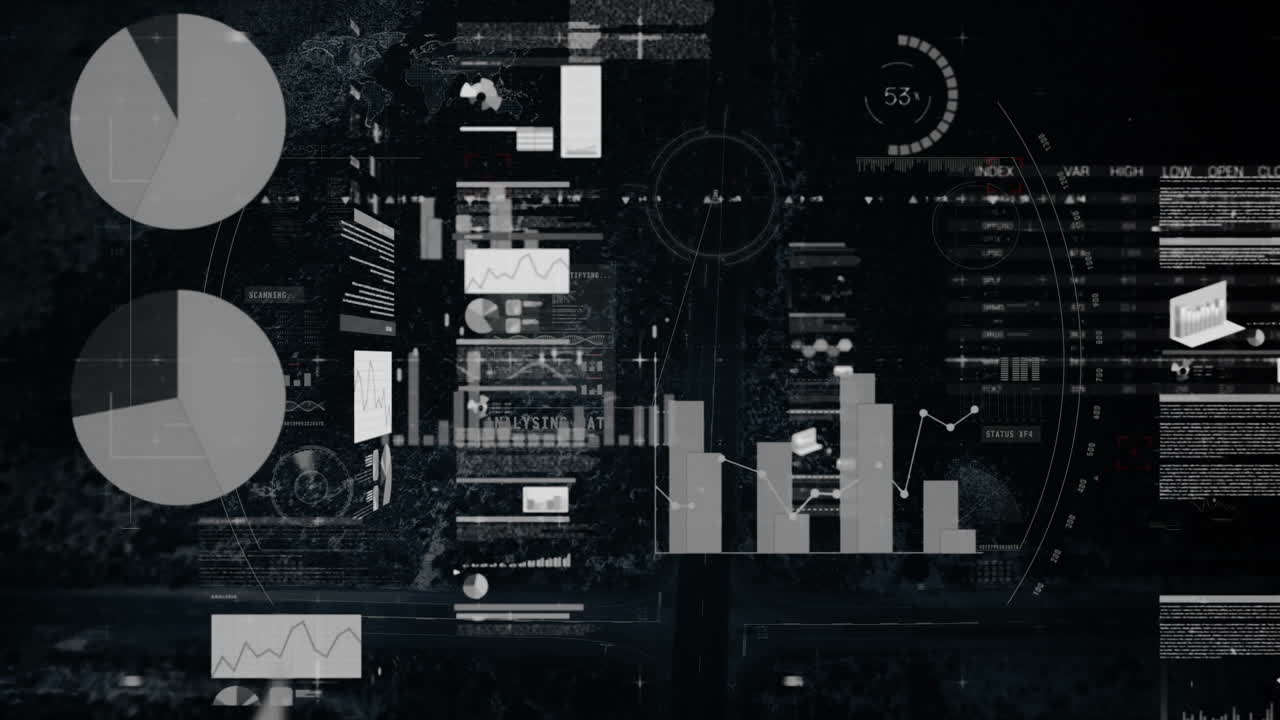 Animation of statistics and data processing over cityscape