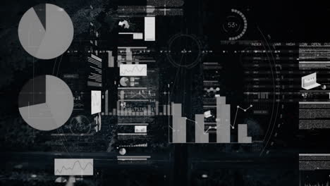 animation of statistics and data processing over cityscape