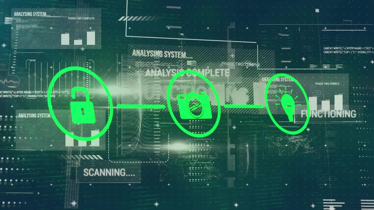 Animation of icons and data processing over dark background