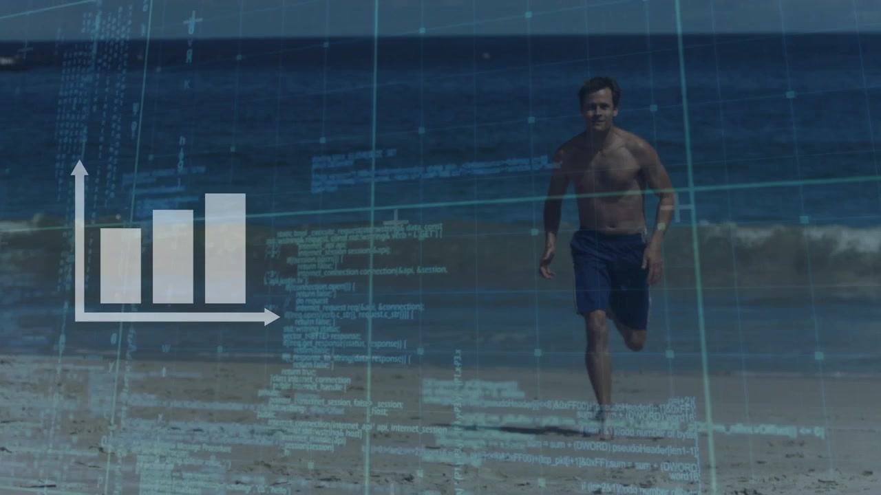 Man Running on Beach with Digital Data Overlay