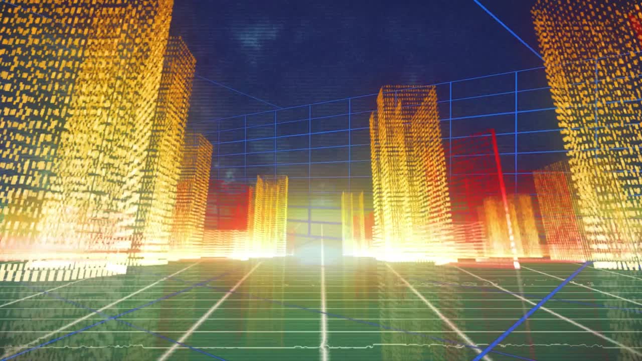 파란색 배경의 선 위에 디지털 도시의 애니메이션.