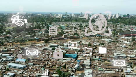 Birdseye-aerial-view-of-Kibera-slum,-tedchnology-concept-of-shanty-poor-neighborhood-of-Nairobi,-Kenya