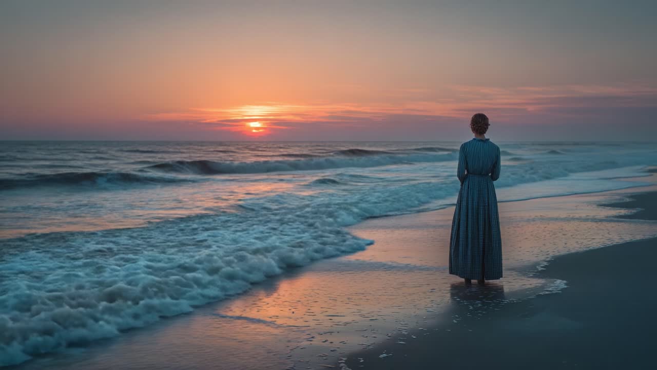 A Serene Moment by the Shore: A Woman in Historical Attire Stands at the Water's Edge as the Sun Sets Over the Ocean, Casting Reflections on the Wet Sand