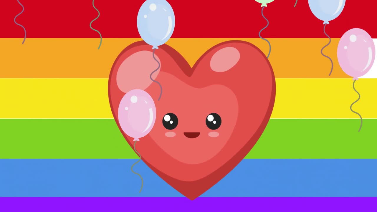 animación de globos y corazón en fondo de arco iris