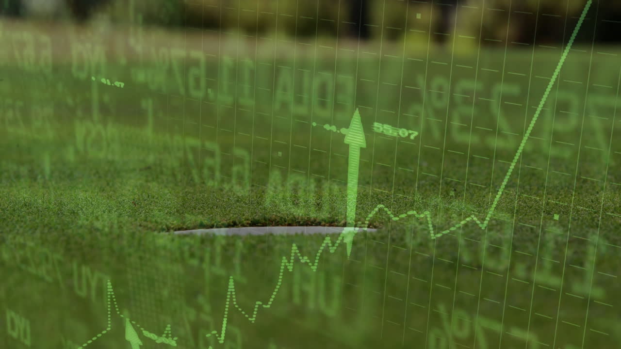 Golf hole cup being visualized over green turf, with rising financial chart overlay in flat design