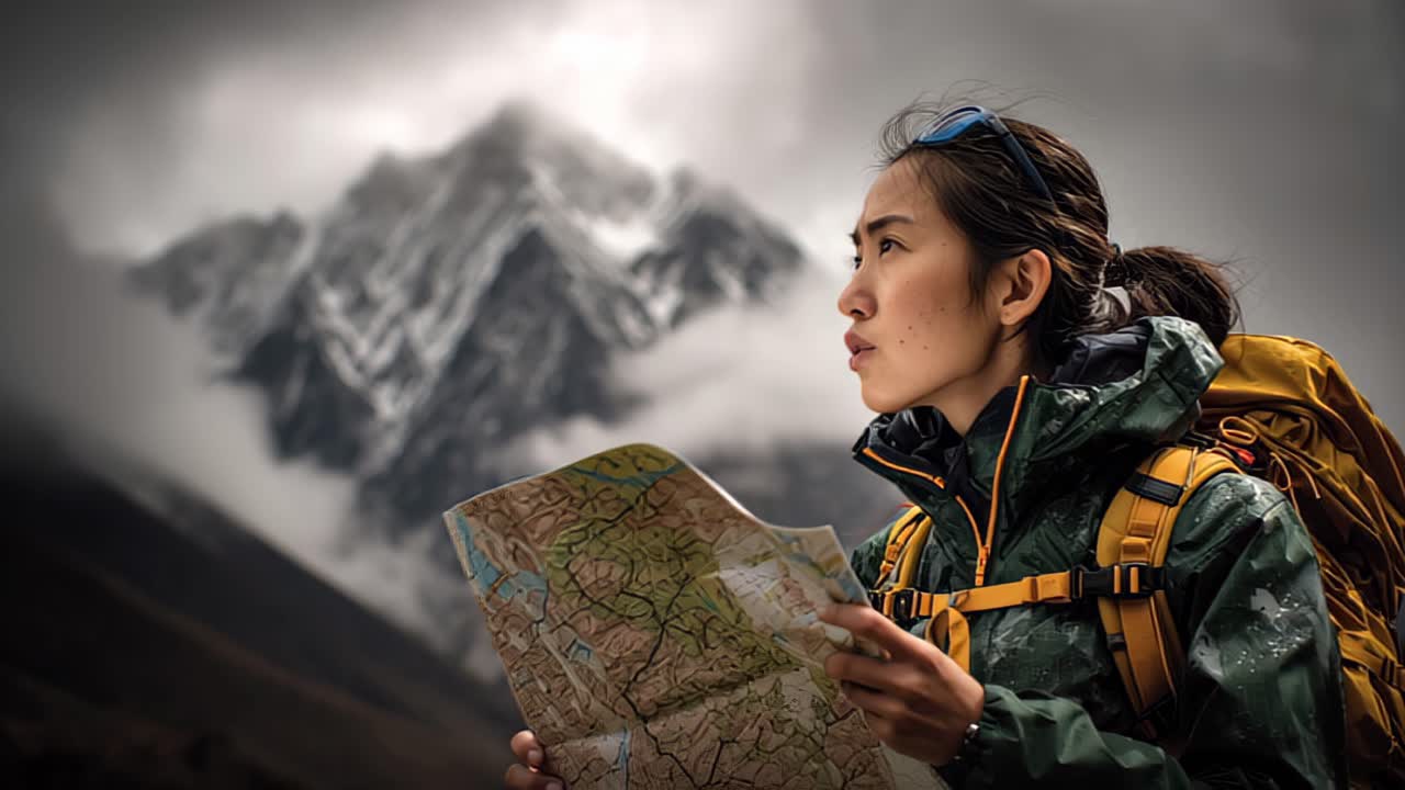 Cinematic travel footage of a young woman trekker holding a paper map and looking ahead, wearing rain jacket and backpack with alpine peaks in foggy background