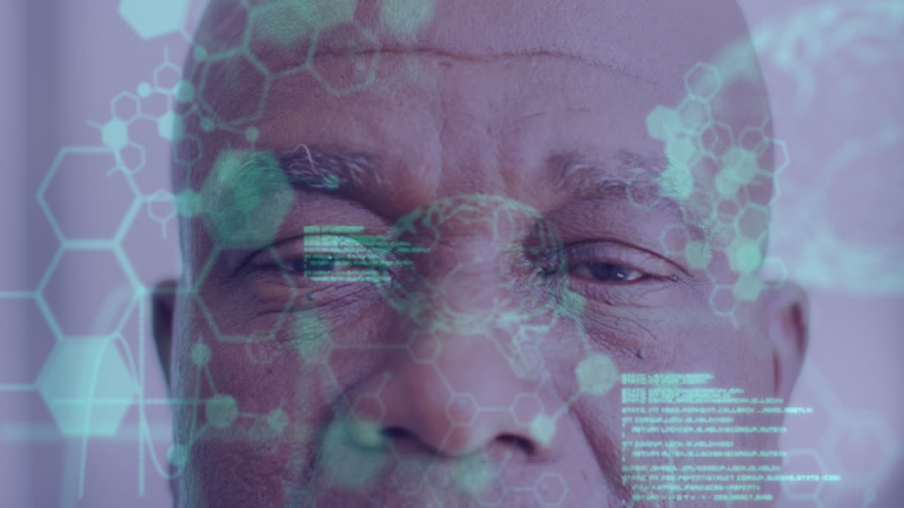 Animation of scientific data processing over senior african american male doctor