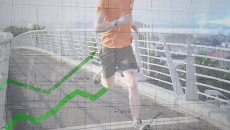 animation of financial data processing over caucasian man running in city