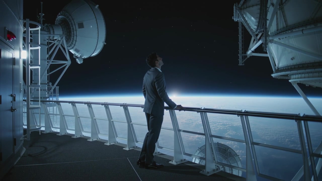 Reacting to sunrise, man in dark suit leaning on orbital balcony railing, gazing at Earth horizon