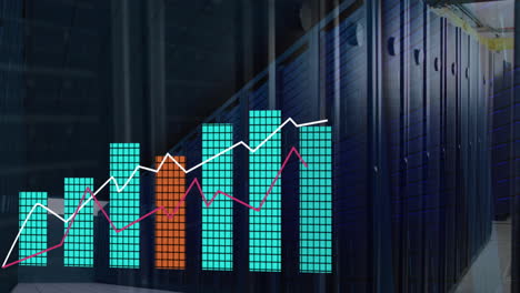 animación del procesamiento de datos estadísticos frente a una sala de servidores de computadora vacía