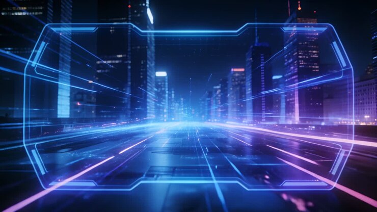 Cornice HUD che rimane centrata mentre la telecamera accelera, strisce al neon che si riflettono sulla carreggiata, per la tecnologia.