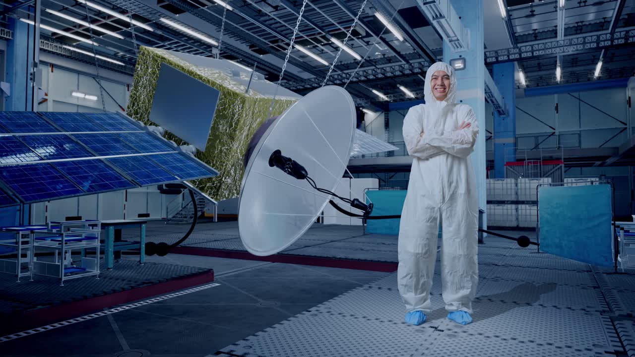 cuerpo lleno de científico masculino asiático cruzando los brazos y sonriendo con la construcción de la nave espacial