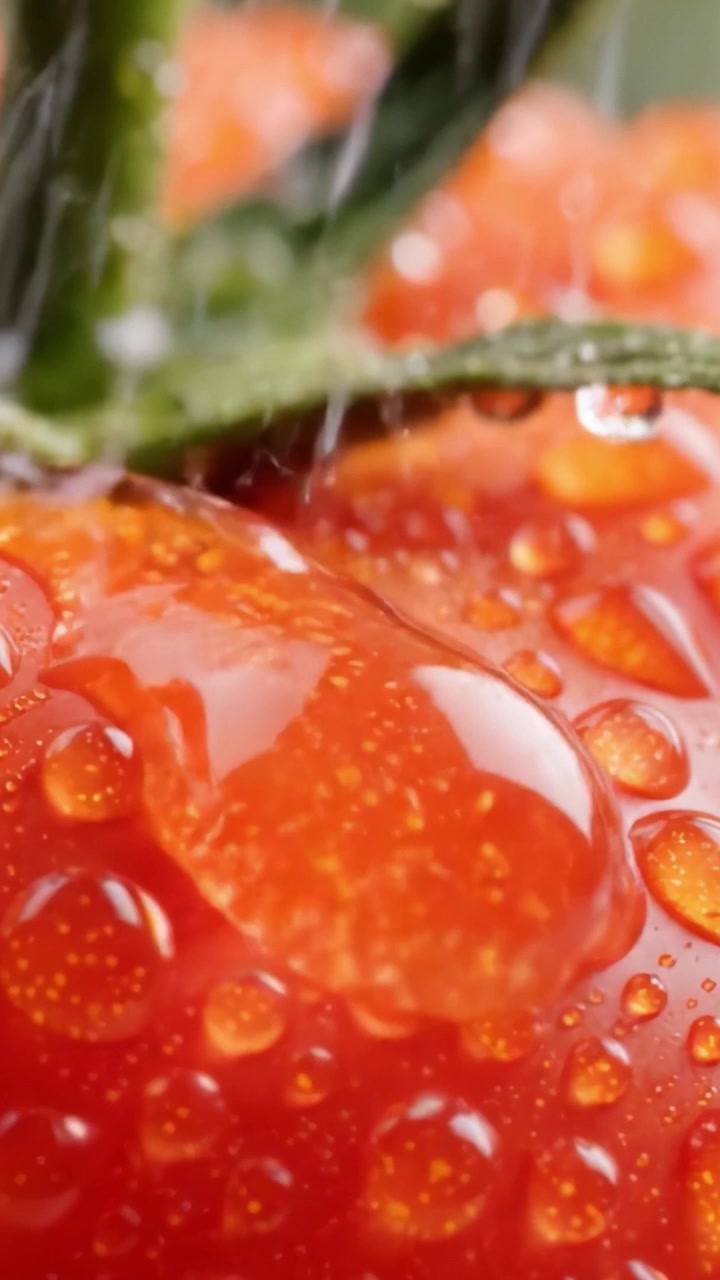 Primo piano di un pomodoro appena raccolto coperto di gocce di rugiada, che mostra il suo ricco colore rosso e le texture naturali con dettagli scintillanti sotto la luce naturale