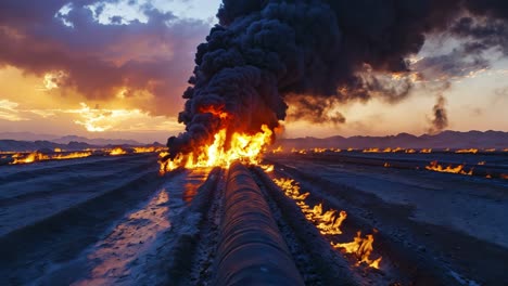 a large pipe in the middle of a desert with a lot of smoke coming out of it