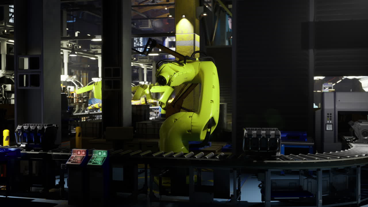 Robotic arm working on assembly line in modern factory setup