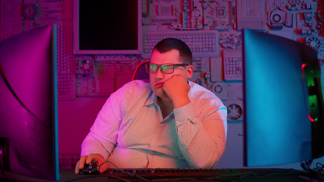 Bored Overweight Man Working on Computer in Neon Lit Room