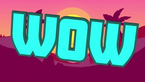 animación de banner de texto wow contra el paisaje con montañas, palmeras y cielo al atardecer.