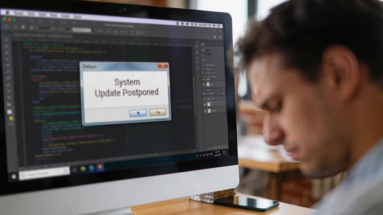 En mand i skjorte ser en udskudt dialogboks for systemopdatering og holder pause ved tastaturet på kontoret, med plads til tekst.