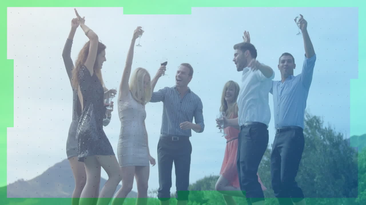 Celebrating outdoors, group raising hands and drinks, enjoying animation festival