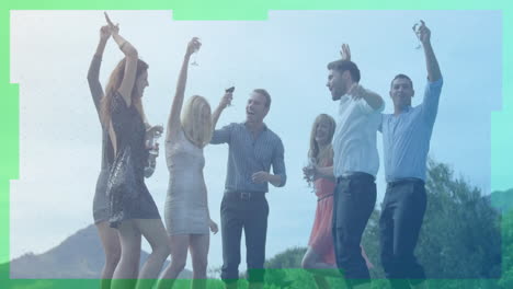 celebrating outdoors, group raising hands and drinks, enjoying animation festival