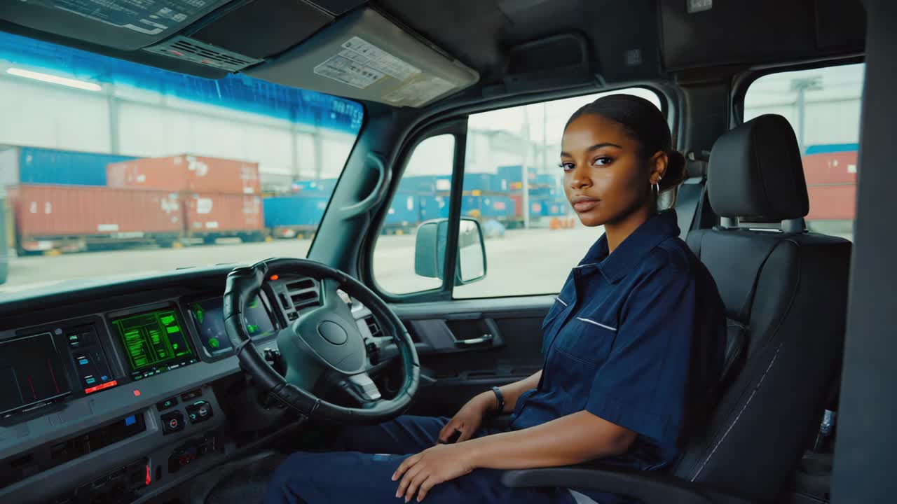Woman Truck Driver in Commercial Vehicle with Shipping Containers in Background