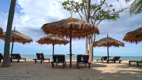 sombrilla y silla de playa con palmeras de coco y fondo de playa y cielo azul - vacaciones y vacaciones