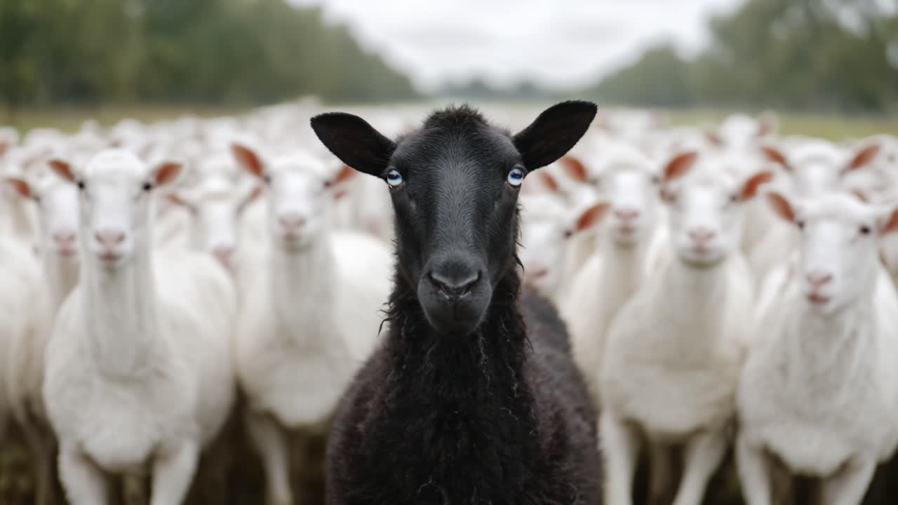 A Striking Contrast of Colors: A Black Sheep Stands Proudly Amongst a Herd of White Sheep in a Serene Pastoral Setting
