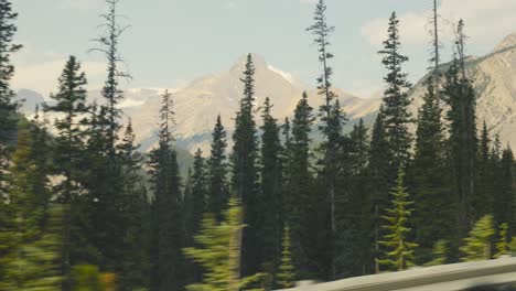 A-gorgeous-roadtrip,-driving-in-the-landscape-of-the-Rocky-Mountains,-traveling-in-Canada-in-the-morning-hours,-with-huge-mountains-in-the-background