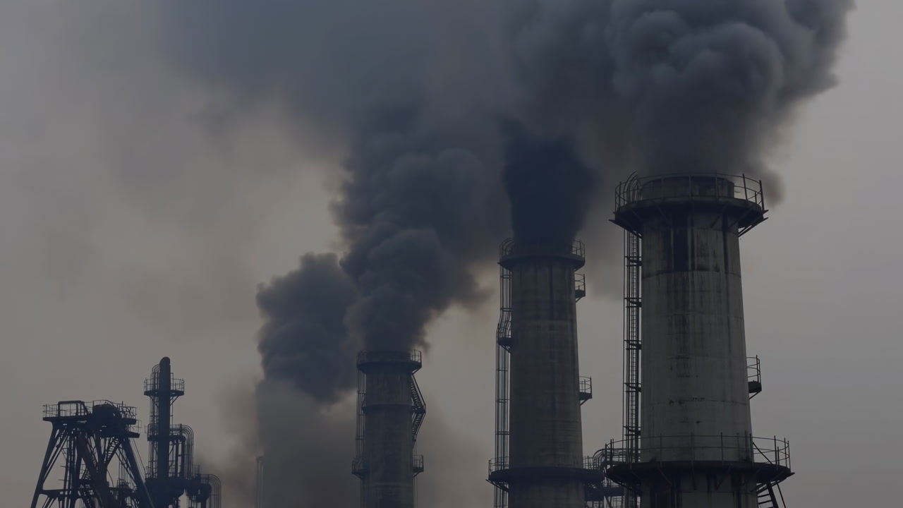 Industrial Smokestacks Billowing Dark Smoke Over Power Plant And Refinery, Thick Gray Plumes Rising Into