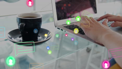 animation of message boxes and profile icons, coffee cup, caucasian woman working on laptop