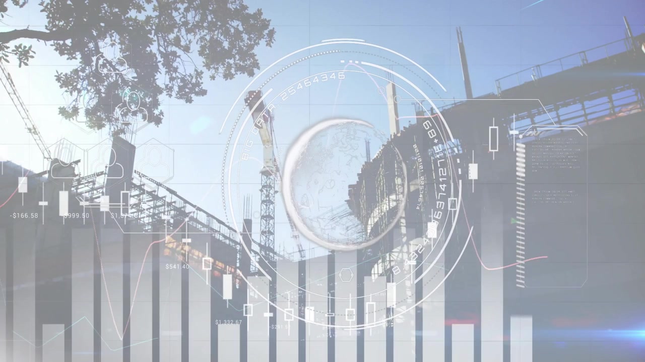 Opening site starting HUD overlay animating bars, candlesticks, rotating rings for data monitoring
