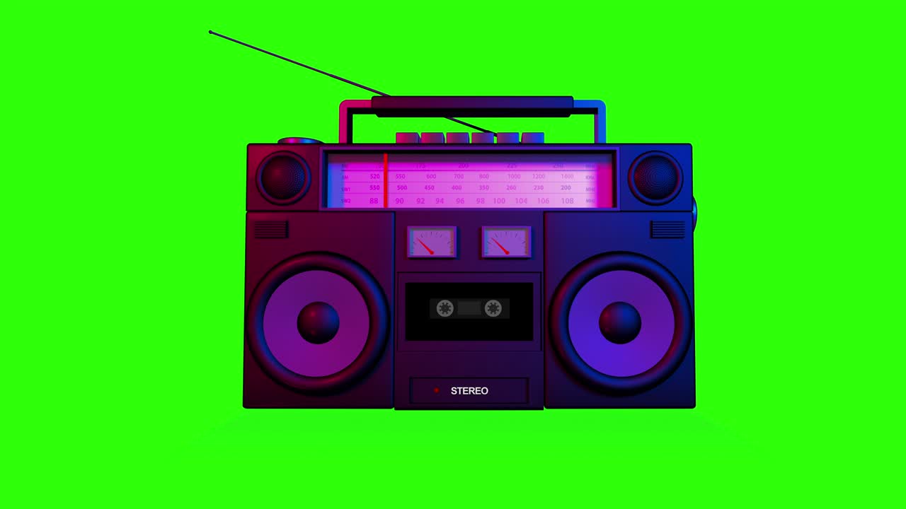 Mockup realistico di altoparlante radio vibrante che riproduce la cassetta su schermo verde.