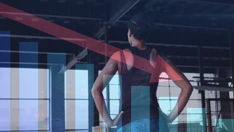 Animation-of-statistics-and-graphs-over-woman-exercising-in-an-abandoned-building