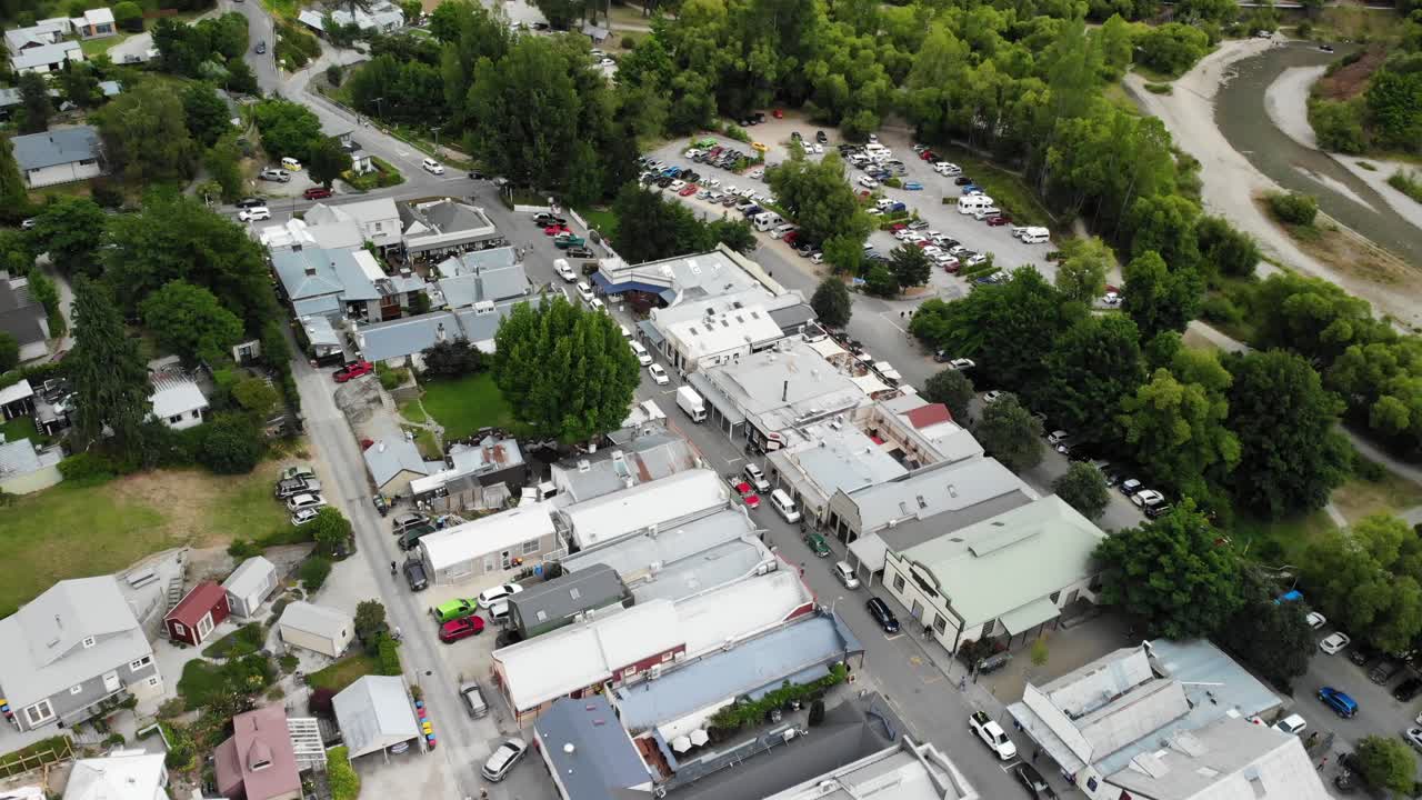 Aerial view, downtown traffic in small city in New Zealand