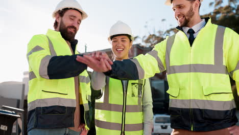 engineering people, hands together and teamwork