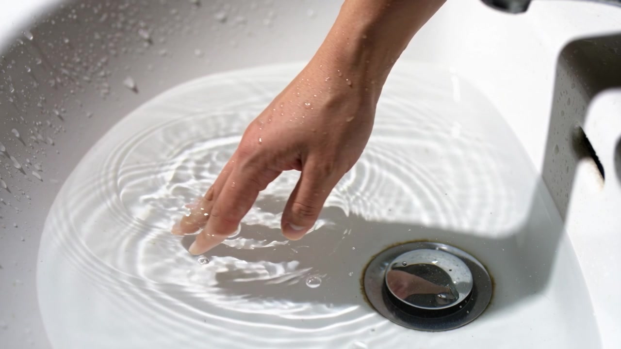 Banyo lavabosunda sığ suyu hareket ettirerek dalgalanmalar oluşturan çıplak el, krom gider yansıyor.