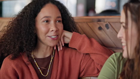 women friends, chat and listening in coffee shop
