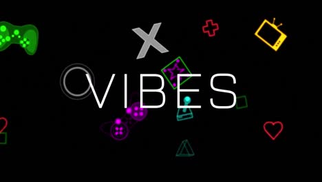 Animation-Von-Vibes-Textbannern-über-Videospiel-Konzeptsymbolen-Vor-Schwarzem-Hintergrund