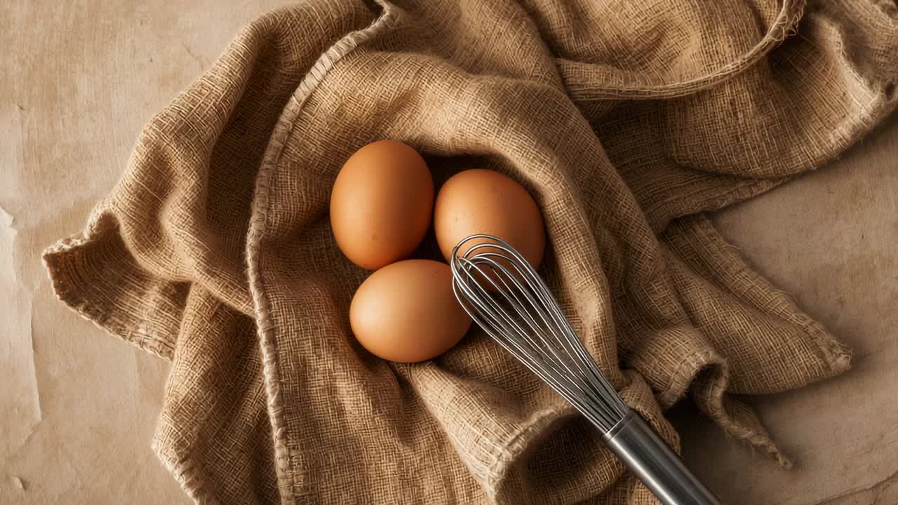 Adjusting camera nudging whisk rotating toward 3 brown eggs on burlap at kitchen counter for baking