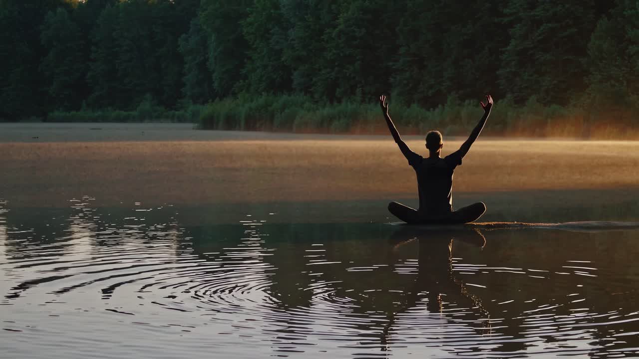 A serene video scene of a person meditating on a calm lake at sunrise, captured from a low angle