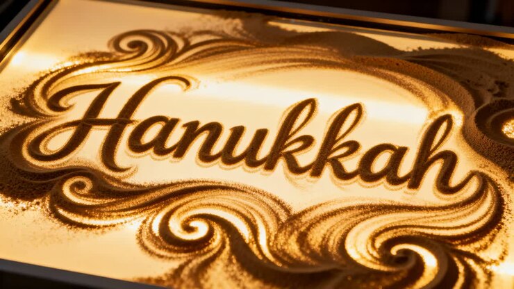 Lightbox activating, sand-art spelling Hanukkah glowing on backlit tray with sand frame for display
