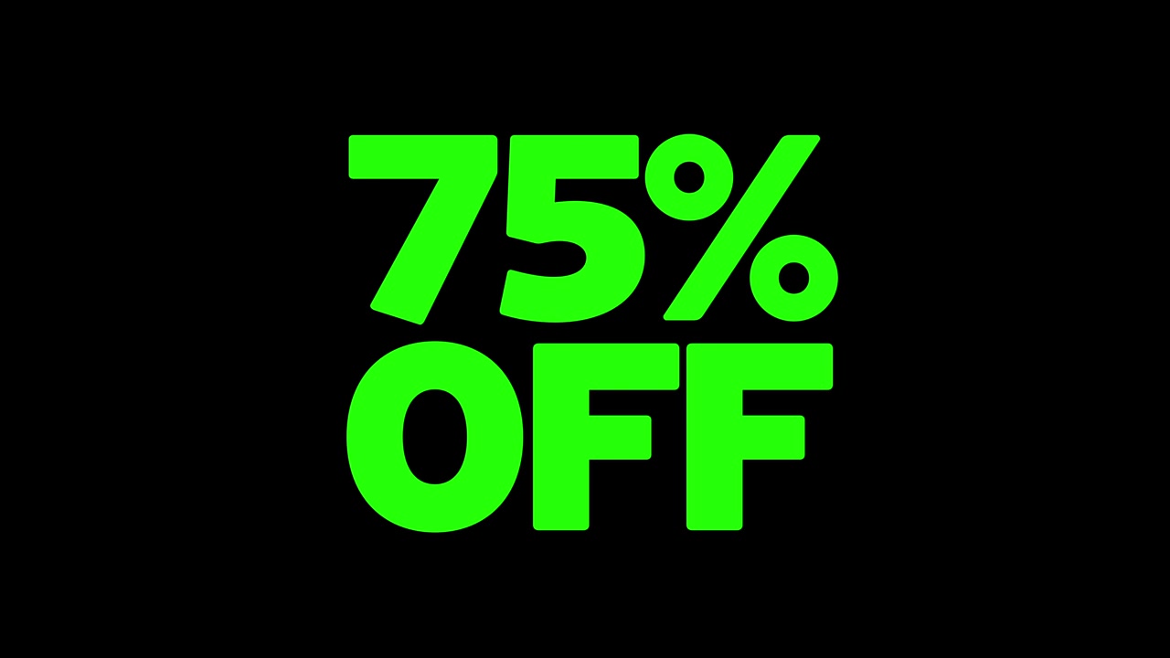 Grafiche audaci di "Sconto 75%" verdi animate sullo schermo. 4K. Green screen keyabile, multiuso.