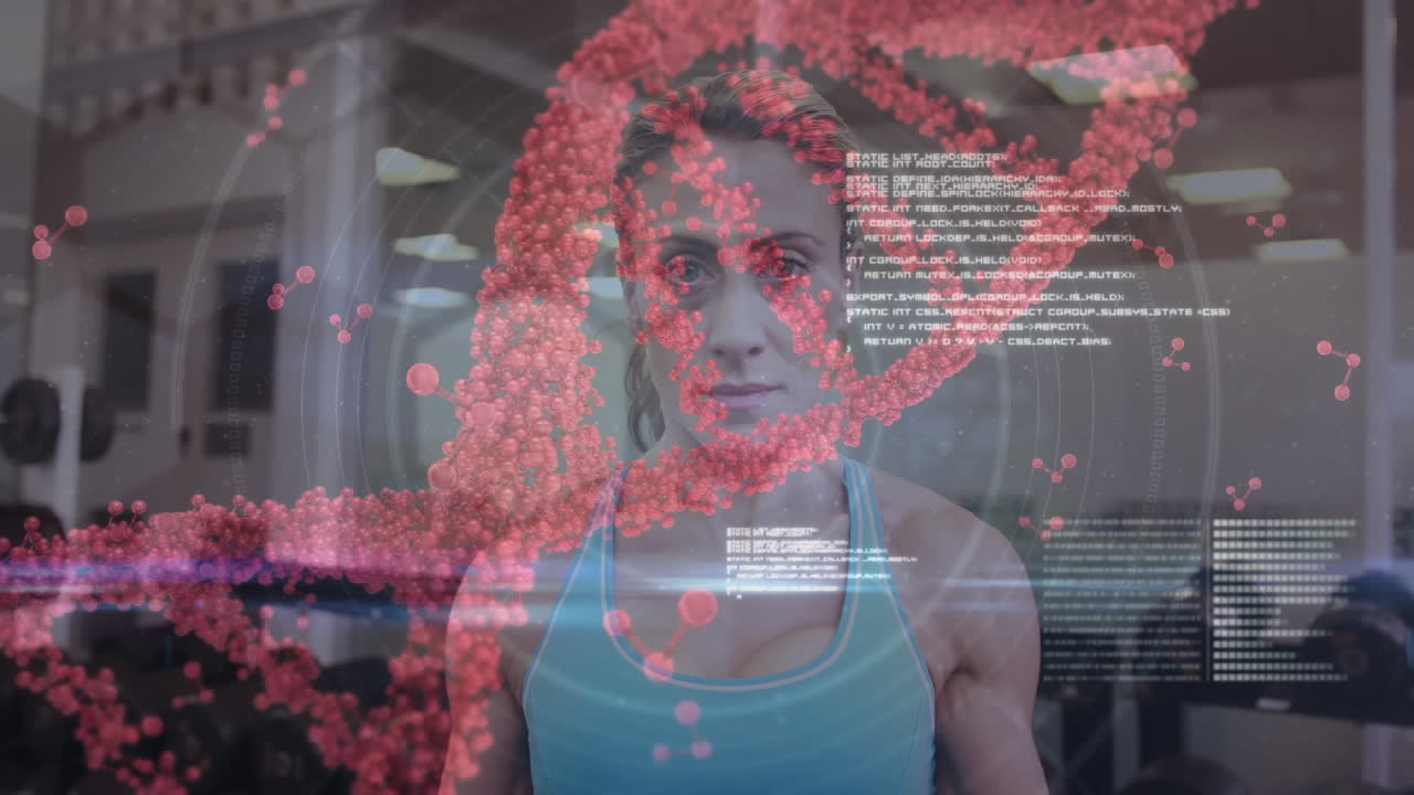 animación de la hilera de adn y procesamiento de datos sobre una mujer fuerte haciendo ejercicio