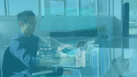 animación del procesamiento de datos sobre un hombre de negocios que usa una computadora portátil