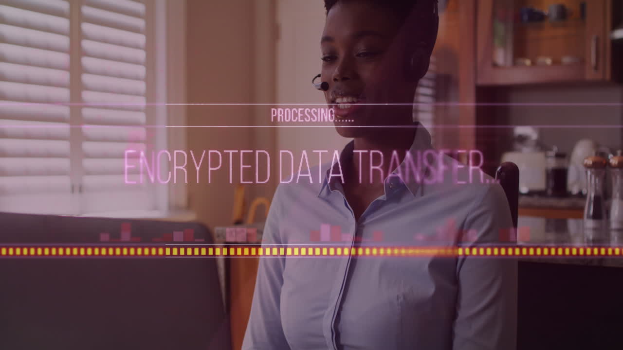 animación de procesamiento de datos sobre mujer de negocios afroamericana usando auriculares de teléfono