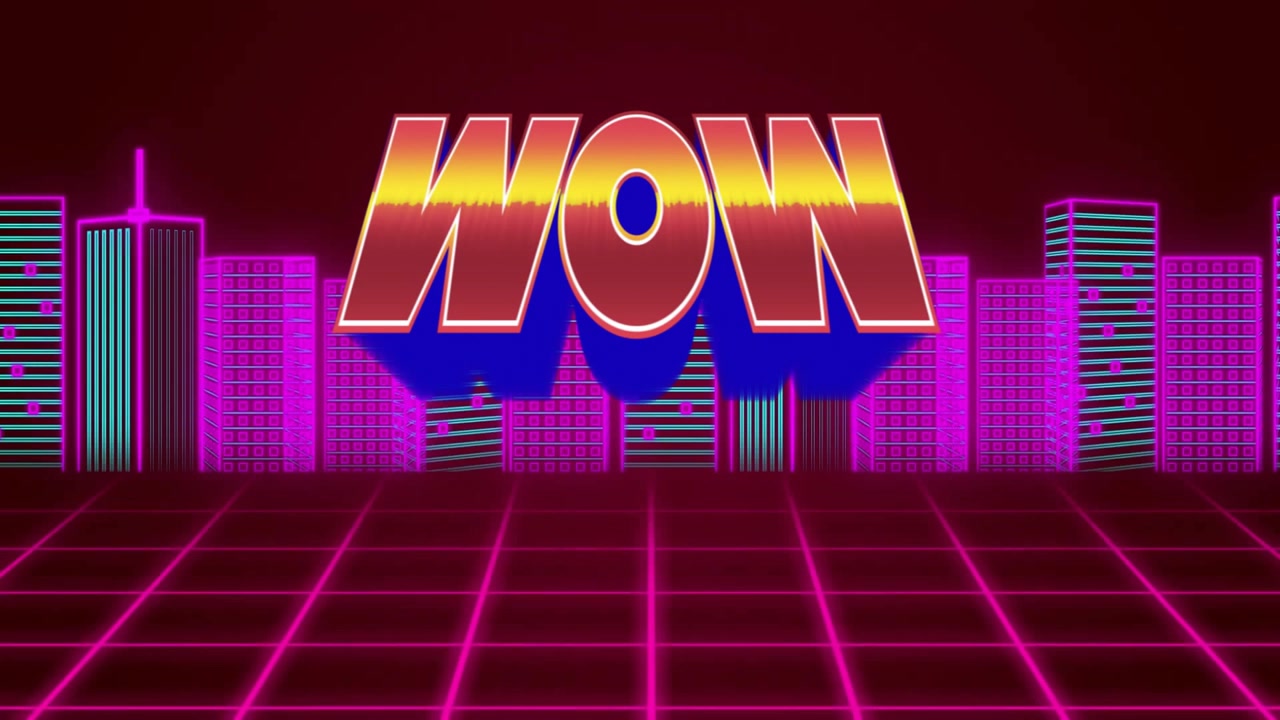 Iniziando con un WOW blu neon che fluttua su una griglia rosa, virando al rosso-oro per un'atmosfera synthwave