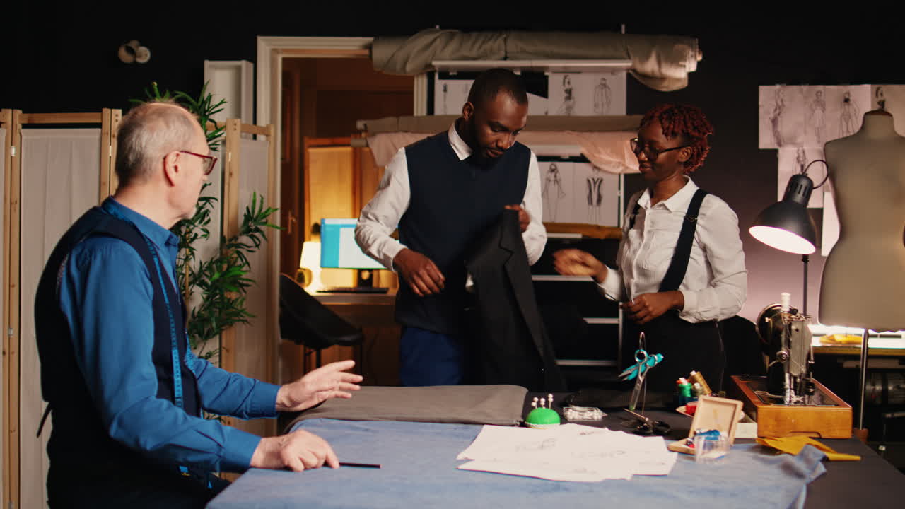 Customer fitting suit jacket in atelier